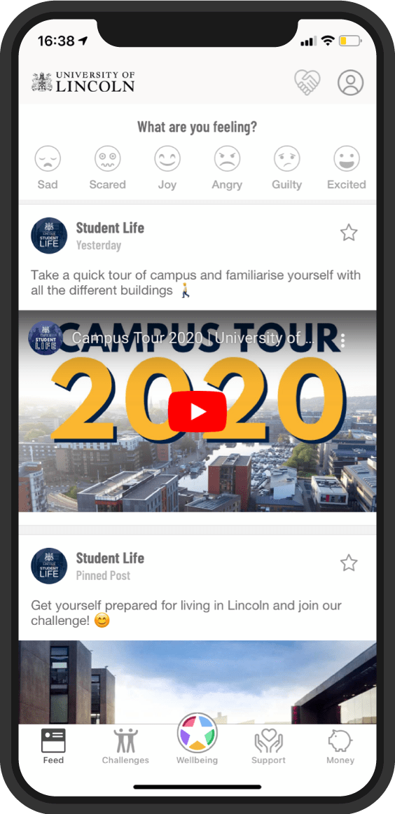 Screenshot of Student Life app on the content feed, where articles, videos and announcements are posted on the app.